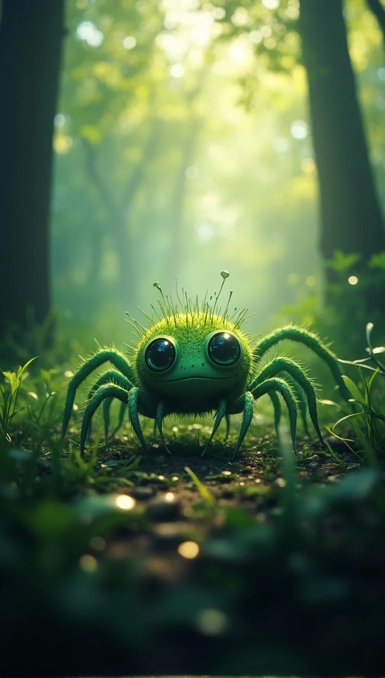 <lora:Green_cuties-000004.safetensors:1> In a dimly lit setting, an anime scene is brightly lit draws the shadows closer.
A CGI image featuring green, spiky cartoon spiders with oversized eyes in a soft-focus sunlit forest setting, surrounded by blurred trees and glowing iridescent mist.