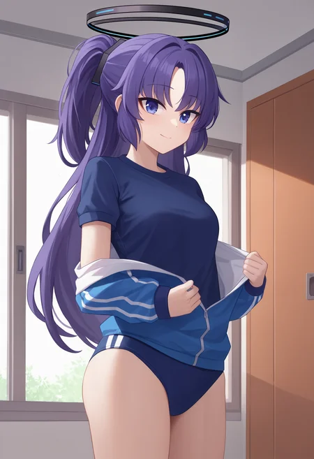 zPDXL, source_anime, BREAK
hayase yuuka, ponytail, gym uniform, halo, undressing,
light smile, closed mouth,
standing, cowboy shot,
indoors, <lora:yuuka-ponyxl-kohya-000007:0.8>