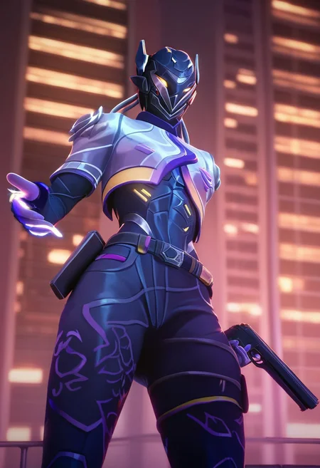 score_9, score_8_up, score_7_up, score_6_up,
v4lorantvyse, vyse, vyse \(valorant\), solo, gloves, 1boy, holding, weapon, male focus, belt, holding weapon, gun, bodysuit, looking down, from below, holding gun, handgun, city