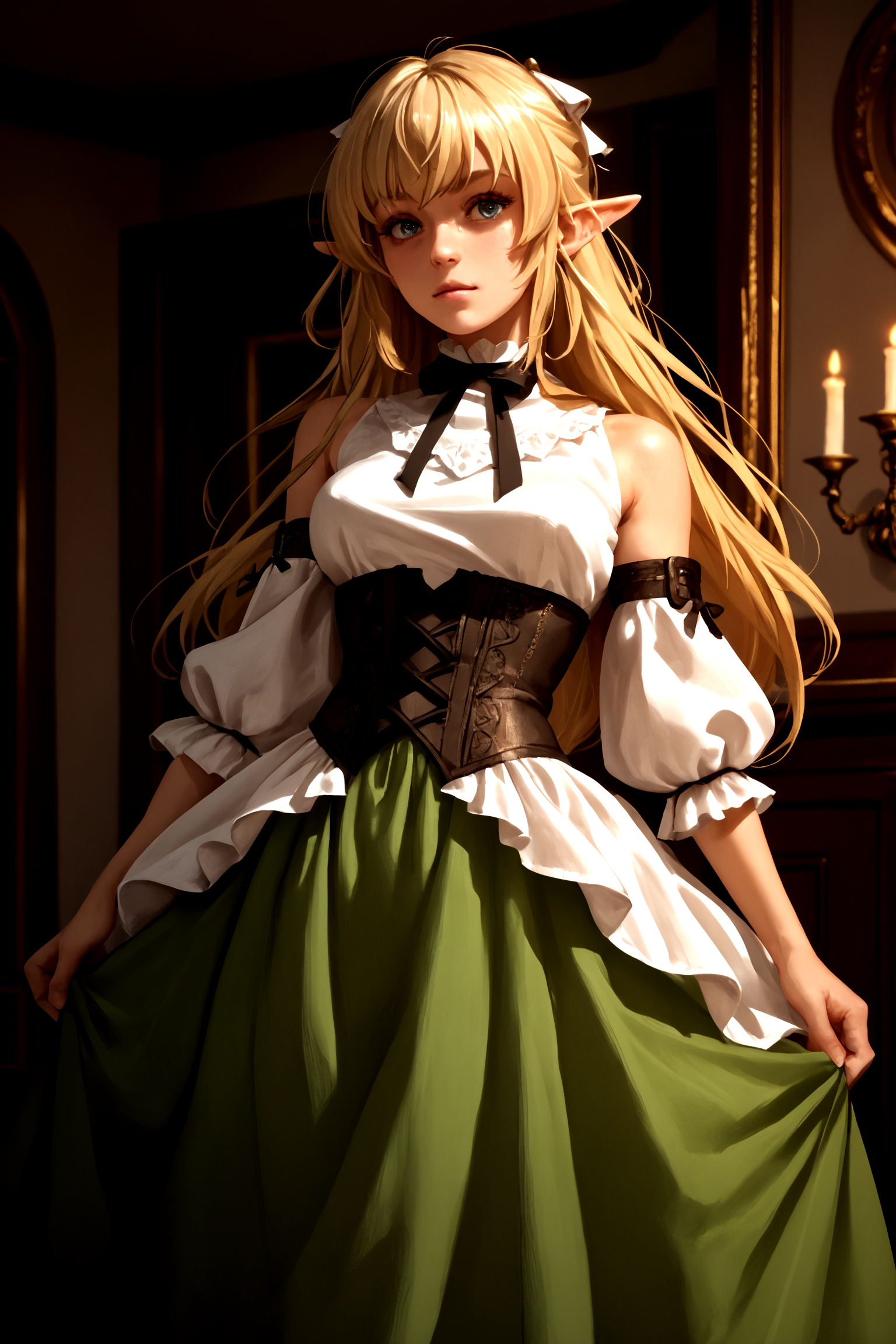 score_9, score_8_up, score_7_up, score_6_up, score_5_up, score_4_up, (high quality, detailed, beautiful)  lyrule, std_outfit, black_ribbon, corset, bare_shoulders, dress,  <lora:LyrulePonyTagBetterV3-000007:0.99> cowboy_shot,