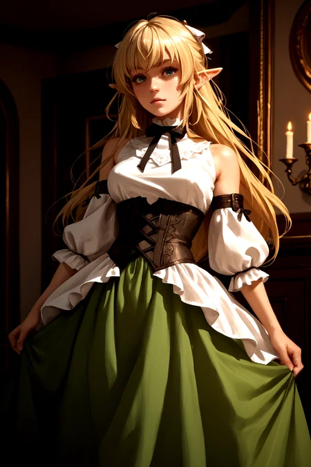 score_9, score_8_up, score_7_up, score_6_up, score_5_up, score_4_up, (high quality, detailed, beautiful)  lyrule, std_outfit, black_ribbon, corset, bare_shoulders, dress,  <lora:LyrulePonyTagBetterV3-000007:0.99> cowboy_shot,
