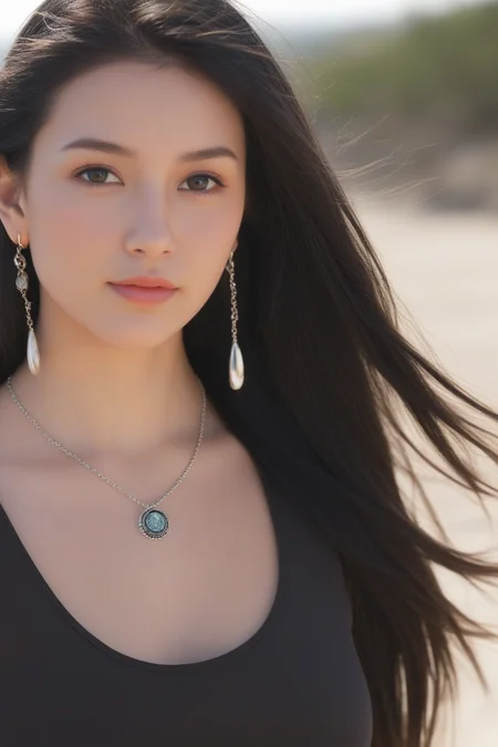 1girl, 20 years old, long hair, windblown hair , black hair, looking at viewer,
beautiful woman, beautiful face, earrings, necklace, outdoors,