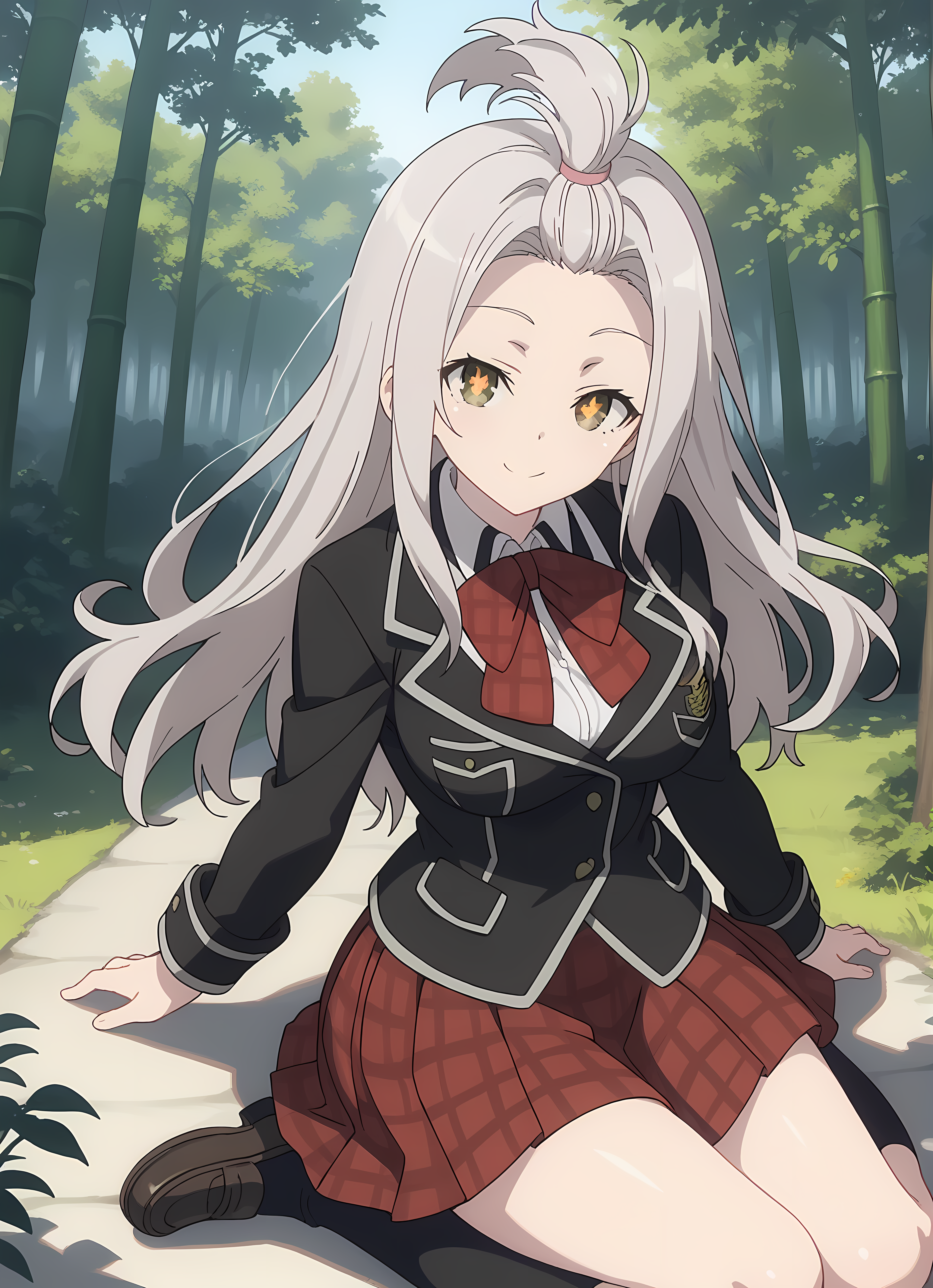 score_9,score_8_up,score_7_up,looking at viewer, shiny skin, upper body, light smile, petite,ohwx, long_hair, grey_hair, yellow_eyes, white_hair, brown_eyes, bangs_pinned_back, topknot, breasts, very_long_hair, large_breasts, symbol-shaped_pupils,school_uniform, bow, jacket, blazer, bowtie, shirt, plaid, skirt, socks, red_bow, bangs_pinned_back, topknot, plaid_skirt, long_sleeves, red_skirt, red_bowtie, black_socks, pleated_skirt, kneehighs, black_jacket, collared_shirt, shoes, loafers, official_style, white_shirt, plaid_bow, ribbon, miniskirt, Pathway through a Japanese forest with towering bamboo trees, quiet and serene, morning light,<lora:yui_kurata_pony_sobsynapse-000001:1>
