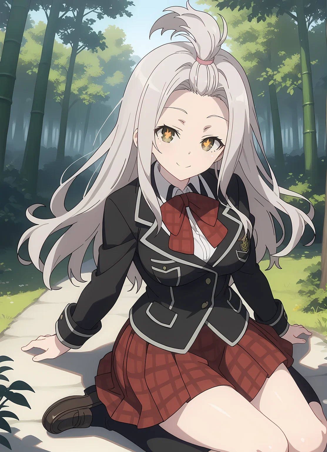 score_9,score_8_up,score_7_up,looking at viewer, shiny skin, upper body, light smile, petite,ohwx, long_hair, grey_hair, yellow_eyes, white_hair, brown_eyes, bangs_pinned_back, topknot, breasts, very_long_hair, large_breasts, symbol-shaped_pupils,school_uniform, bow, jacket, blazer, bowtie, shirt, plaid, skirt, socks, red_bow, bangs_pinned_back, topknot, plaid_skirt, long_sleeves, red_skirt, red_bowtie, black_socks, pleated_skirt, kneehighs, black_jacket, collared_shirt, shoes, loafers, official_style, white_shirt, plaid_bow, ribbon, miniskirt, Pathway through a Japanese forest with towering bamboo trees, quiet and serene, morning light,<lora:yui_kurata_pony_sobsynapse-000001:1>
