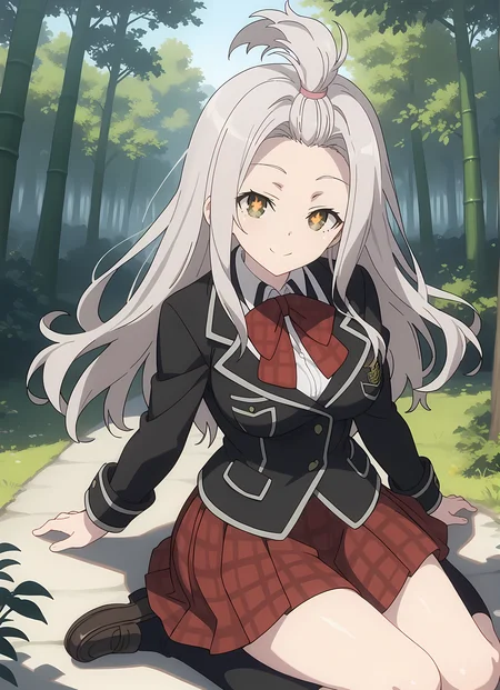 score_9,score_8_up,score_7_up,looking at viewer, shiny skin, upper body, light smile, petite,ohwx, long_hair, grey_hair, yellow_eyes, white_hair, brown_eyes, bangs_pinned_back, topknot, breasts, very_long_hair, large_breasts, symbol-shaped_pupils,school_uniform, bow, jacket, blazer, bowtie, shirt, plaid, skirt, socks, red_bow, bangs_pinned_back, topknot, plaid_skirt, long_sleeves, red_skirt, red_bowtie, black_socks, pleated_skirt, kneehighs, black_jacket, collared_shirt, shoes, loafers, official_style, white_shirt, plaid_bow, ribbon, miniskirt, Pathway through a Japanese forest with towering bamboo trees, quiet and serene, morning light,<lora:yui_kurata_pony_sobsynapse-000001:1>