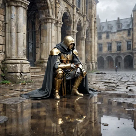 Masterpiece, DonMSt34mPXL, Realistic Lightning, Cinematic Lightning, Dark Lightning, Rain, Puddle, Clouded Sky, medieval, fantasy, pedestrians, Cloak, Reflection.
((((broken, sitting, brass Clockwork Soldier, with human like face) leaning against (abandoned gray stone building))) in a (medieval city)). Highly detailed clockwork soldier. (Unfocused medieval pedestrians in background). fandist background.