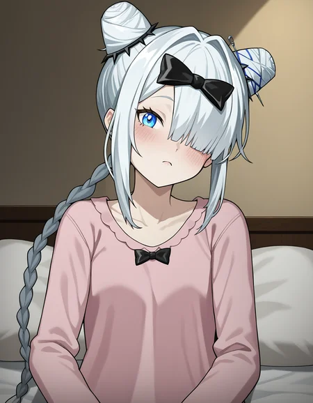 score_9,score_8_up,score_7_up,source_anime,looking at viewer,legs,pajamas,bedroom,bed,lying,blush,
suiyinzi,1girl,solo,hair bun,double bun,blue eyes,white hair,grey hair,braid,long hair,bow,hair bow,black bow,hair over one eye,<lora:suiyinzi_pony:0.8>,<lora:Anime_Screencap:1>,anime screencap,