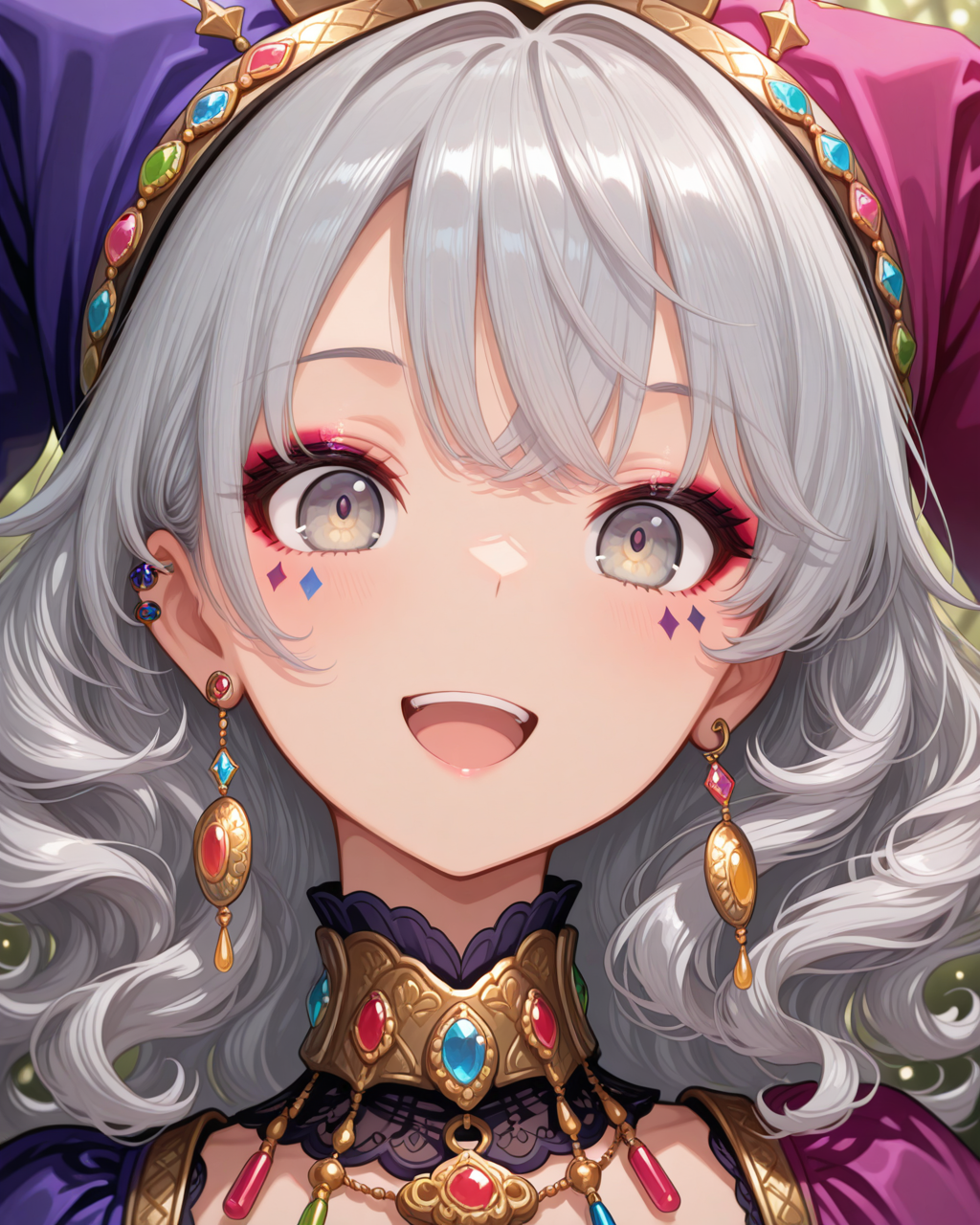 masterpiece,best quality,highres illustration,detailed face,1girl,<lora:overacc_IL:1.5>,accessories,jester girl,silver hair,wavy hair,smile, open mouth,