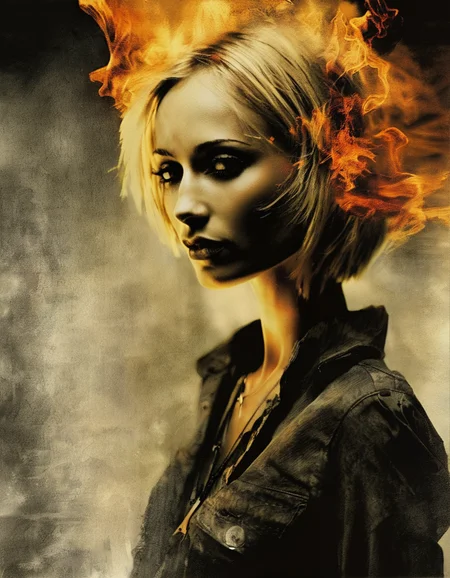 an unfiltered creation by dave mckean of a bohemian woman looking like gabixl11 playing with fire