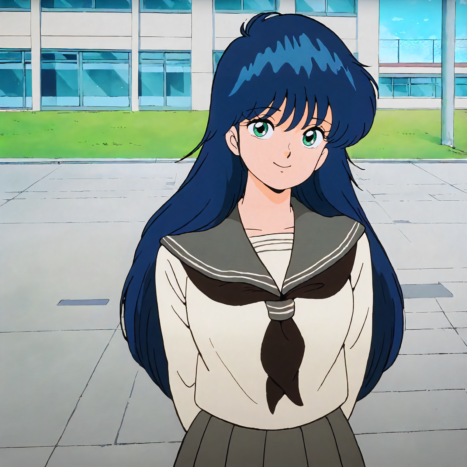 <lora:KOR_MadokaAyukawaXLIllustrious002>,
masterpiece,best quality,good quality,newest,
outdoors,school,
smile,
looking at viewer,
solo,
MadokaAyukawa,1girl,blue hair,long hair,green eyes,
breasts,
serafuku,gray sailor color,black neckerchief,
pleated skirt,gray skirt,