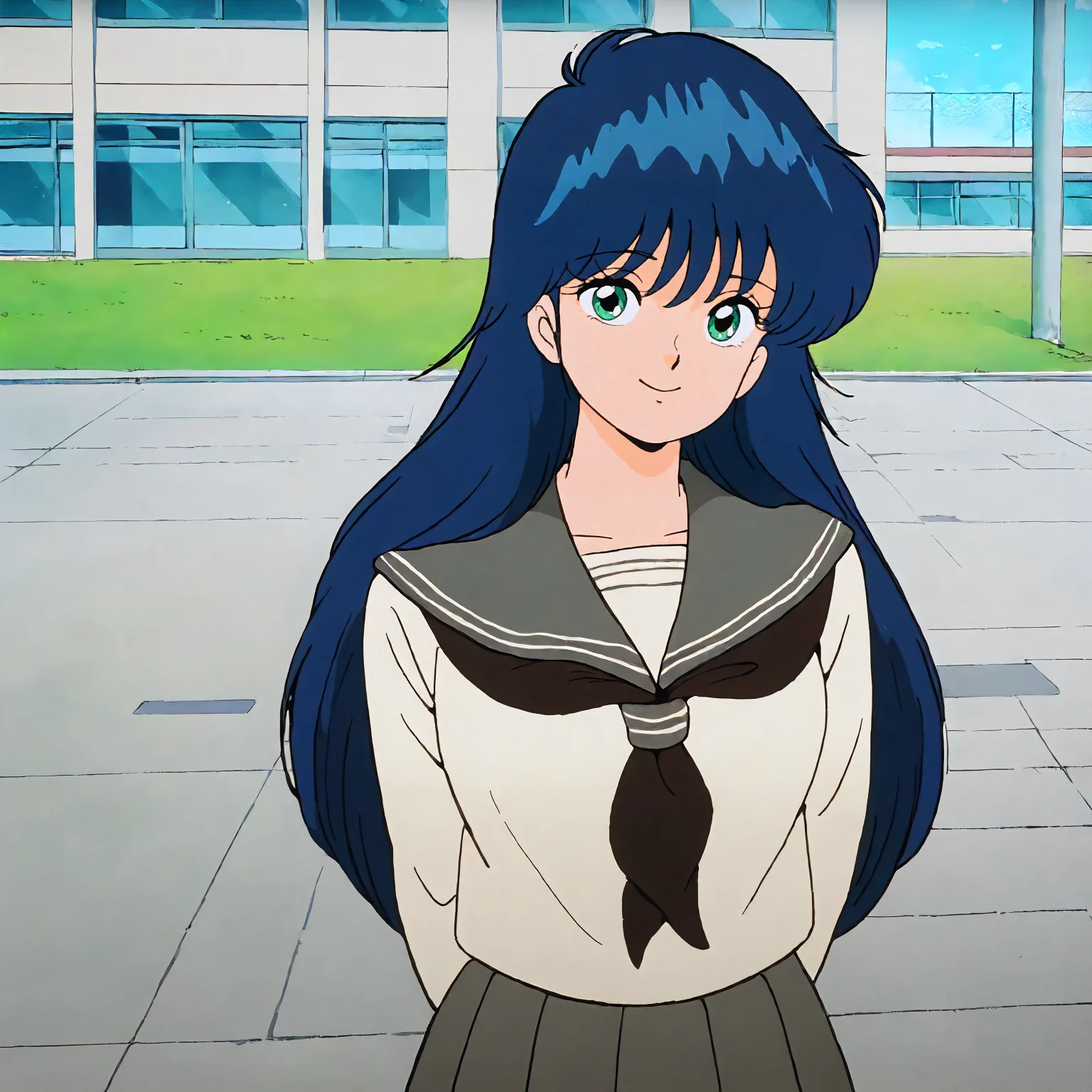 <lora:KOR_MadokaAyukawaXLIllustrious002>,
masterpiece,best quality,good quality,newest,
outdoors,school,
smile,
looking at viewer,
solo,
MadokaAyukawa,1girl,blue hair,long hair,green eyes,
breasts,
serafuku,gray sailor color,black neckerchief,
pleated skirt,gray skirt,