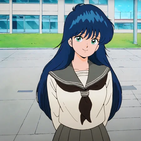 <lora:KOR_MadokaAyukawaXLIllustrious002>,
masterpiece,best quality,good quality,newest,
outdoors,school,
smile,
looking at viewer,
solo,
MadokaAyukawa,1girl,blue hair,long hair,green eyes,
breasts,
serafuku,gray sailor color,black neckerchief,
pleated skirt,gray skirt,