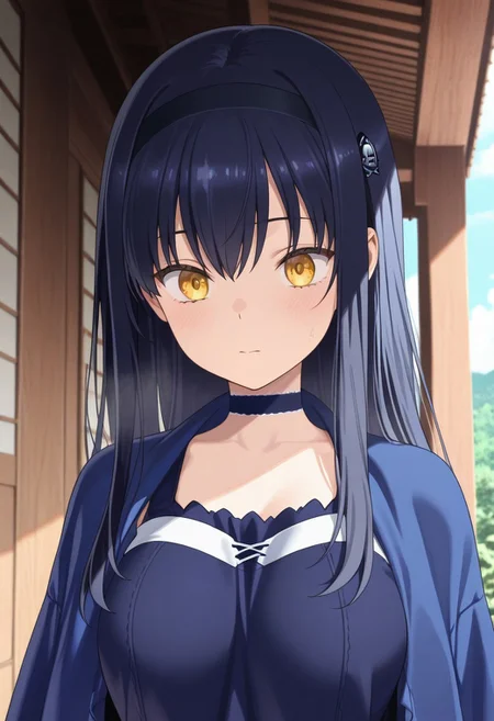 masterpiece,best quality,amazing quality, kushima kamome, long hair, black hair, yellow eyes, 1girl, solo, hairband, black hairband, choker, upper body, shrine