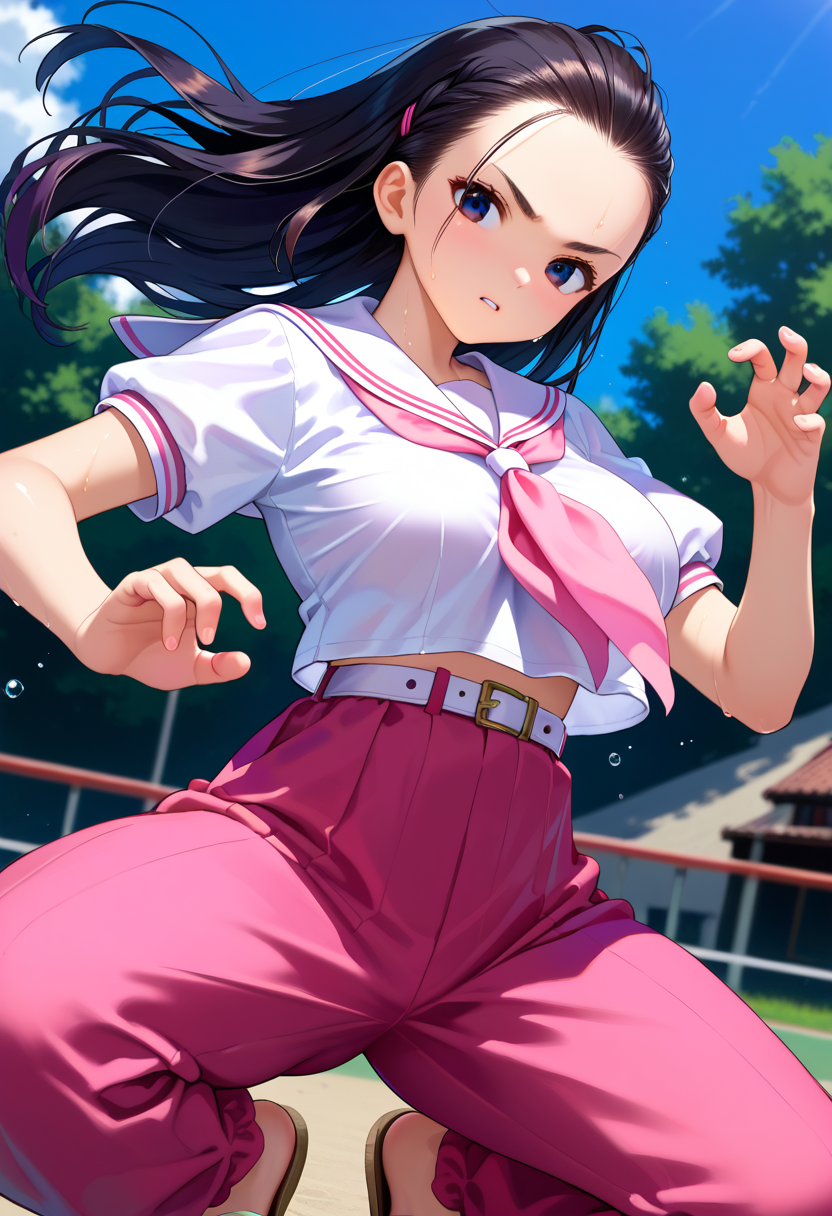 score_9, score_8_up, score_7_up, score_6_up, score_5_up, source_anime,
1girl, solo,
<lora:super_oume_otane:1>, black eyes, hair slicked back, black hair,  white serafuku, school uniform, pink neckerchief, pink pants, white belt, sailor collar, short sleeves, sandals:0.8
 shiny skin, sweat, big breasts, upper body, fighting stance,