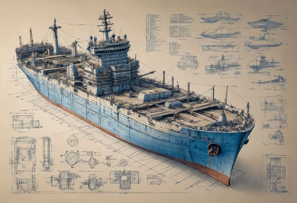 construction plan with blue thin lines for a huge ship with 6 floors sketch style high def, with instructions and descrption of each parts