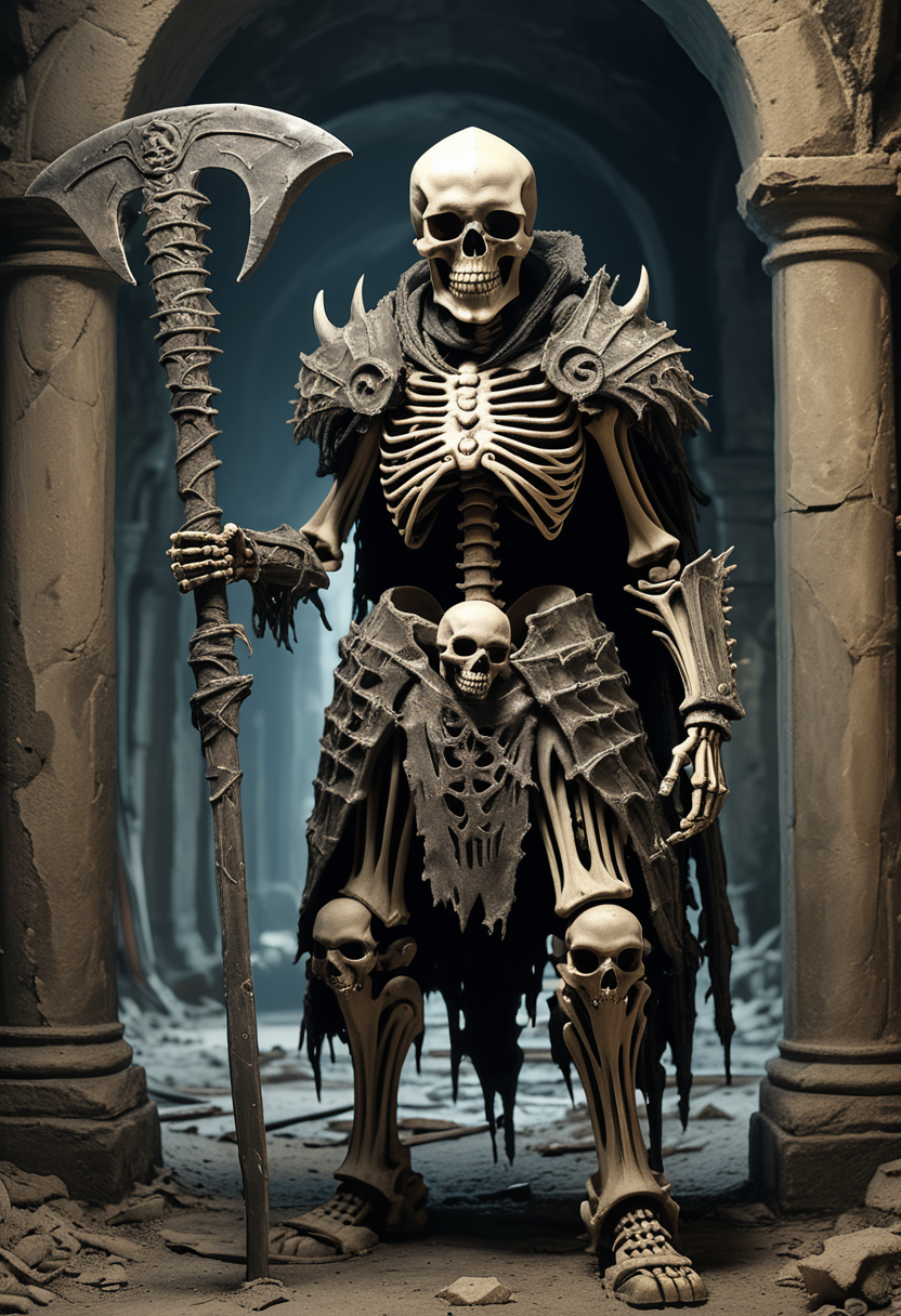 (medium full shot) of (bony skeleton)  warlord, wearing Moldy armor, skull helmet, skeletal bracers, weathered greaves, ragged boots, holding wielding war scythe, set in the cursed lands, in  a skeletal castle, with crumbling towers and eerie hallways, where shadows dance and the air is thick with mystery , at dusk,  ,Masterpiece,best quality, raw photo, realistic, very aesthetic