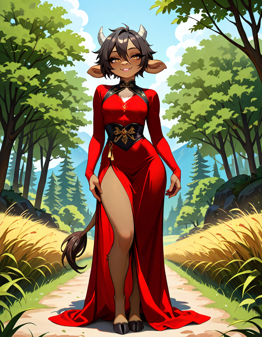 masterpiece, best quality, very aesthetic, absurdres,
outdoors, dressed,
standing, posing, 
full body, seductive smile, parted lips, long eyelashes,
<lora:Manitka_Storm_v01_NAIXL:1>
Man1tkaStorm,1gilr,solo,furry,furry female,cow girl,cow ears,cow horns,short hair,black hair,hair between eyes,brown hair,body fur,brown fur,cow tail,hooves,