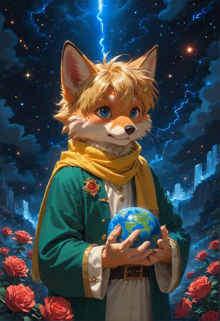 detailed background,Cinematic Lighting,film grain,score_9,score_8_up,score_7_up,zPDXL2,masterpiece,best quality,highly detailed,glowing,hand person,Expressiveh, <lora:(增强)sdxl_lightning_8step_lora:1>,<lora:glowneon_xl_v1:1>, <lora:(增强)Hands XL 4:1>,<lora:(增强)Expressive_H-000001:0.8>, <lora:Vixon\Vixon's Pony Styles Astro:0.8> , little prince, a rose, a fox, night sky, universe, yellow scarf, yellow hair, green clothes, 4str0,star \(sky\), earth \(planet\), planet,Le Petit Prince,1child