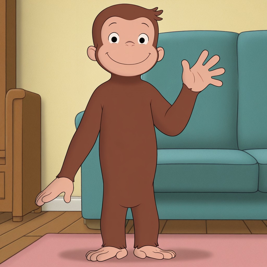 masterpiece, best quality, amazing quality, official style, cur1ousg3orge, male, furry male, anthro, solo, young, monkey, brown fur, short hair, black eyes, small nose, round ears, short, standing, smile, waving hi, looking at viewer, indoors, living room