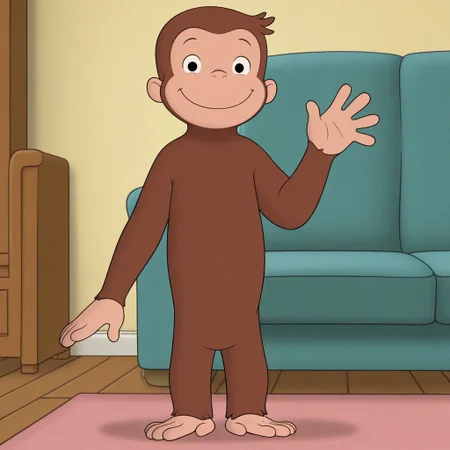 masterpiece, best quality, amazing quality, official style, cur1ousg3orge, male, furry male, anthro, solo, young, monkey, brown fur, short hair, black eyes, small nose, round ears, short, standing, smile, waving hi, looking at viewer, indoors, living room