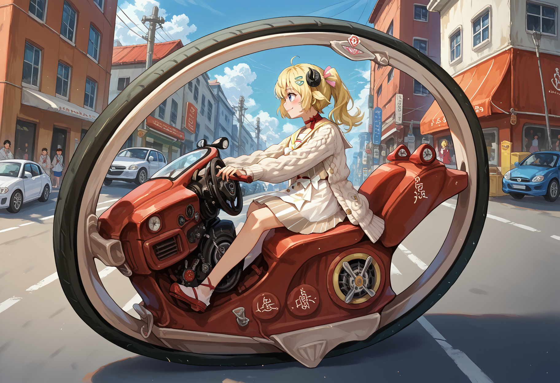 score_9, score_8_up, source_anime, 1girl, solo, WatameCasual, ahoge, side ponytail, short hair, hairclip, vertical-striped dress, white skirt, high-waist skirt, sailor collar, red choker, white bow, white cardigan, Monowheel, motor vehicle, riding, smile, street, <lora:ChamMonowheelPonyXL:1>, <lora:ChamTsunomakiWatamePonyXL:1>