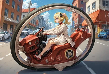 score_9, score_8_up, source_anime, 1girl, solo, WatameCasual, ahoge, side ponytail, short hair, hairclip, vertical-striped dress, white skirt, high-waist skirt, sailor collar, red choker, white bow, white cardigan, Monowheel, motor vehicle, riding, smile, street, <lora:ChamMonowheelPonyXL:1>, <lora:ChamTsunomakiWatamePonyXL:1>