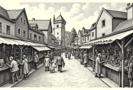 A bustling medieval marketplace, stippled illustration in the style of STPPLD, filled with merchants, townsfolk, and animals, with textured stalls and wooden carts set against a backdrop of ancient stone buildings