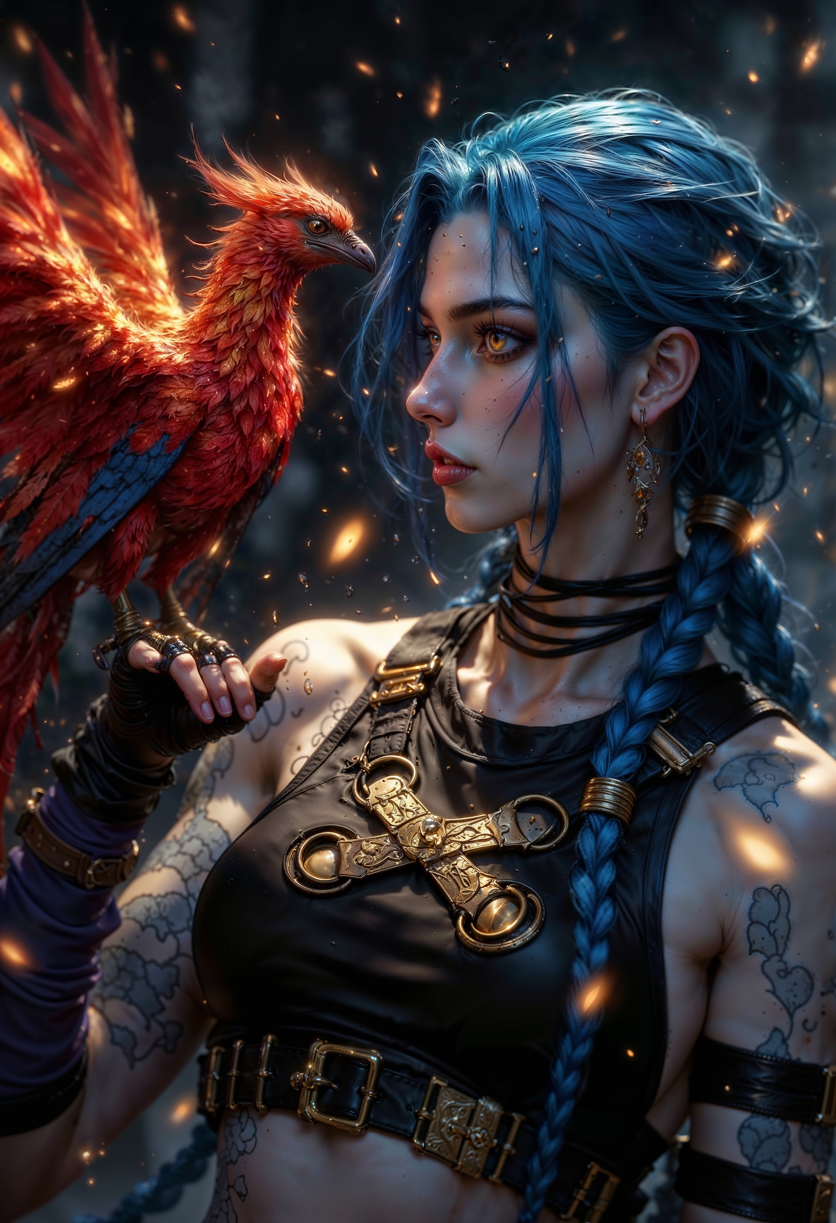 JinxA, a woman with fair skin and long, blue hair adorned with intricate braids and golden accessories. She is dressed in crop top. Her expression is serene and focused as she gazes at a vibrant, mythical phoenix perched on her hand. The phoenix is depicted with fiery red and orange feathers, exuding a warm glow that illuminates the scene. The background is a blurred, dark setting with floating embers, enhancing the mystical atmosphere. <lora:FluxMythP0rtr4itStyle:0.6> <lora:Midjourney_Dreamlike_Fantasy_FLUX_LoRA:0.6> <lora:Elden_Ring_-_Yoshitaka_Amano:0.33>
<lora:FluxJinxV2:1>