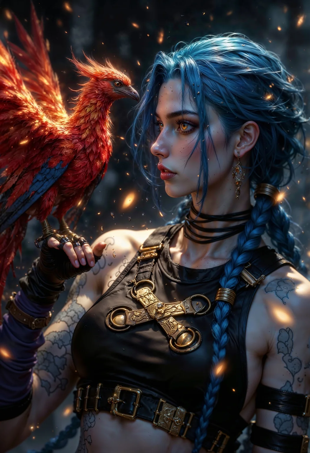 JinxA, a woman with fair skin and long, blue hair adorned with intricate braids and golden accessories. She is dressed in crop top. Her expression is serene and focused as she gazes at a vibrant, mythical phoenix perched on her hand. The phoenix is depicted with fiery red and orange feathers, exuding a warm glow that illuminates the scene. The background is a blurred, dark setting with floating embers, enhancing the mystical atmosphere. <lora:FluxMythP0rtr4itStyle:0.6> <lora:Midjourney_Dreamlike_Fantasy_FLUX_LoRA:0.6> <lora:Elden_Ring_-_Yoshitaka_Amano:0.33>
<lora:FluxJinxV2:1>