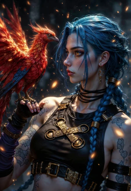 JinxA, a woman with fair skin and long, blue hair adorned with intricate braids and golden accessories. She is dressed in crop top. Her expression is serene and focused as she gazes at a vibrant, mythical phoenix perched on her hand. The phoenix is depicted with fiery red and orange feathers, exuding a warm glow that illuminates the scene. The background is a blurred, dark setting with floating embers, enhancing the mystical atmosphere. <lora:FluxMythP0rtr4itStyle:0.6> <lora:Midjourney_Dreamlike_Fantasy_FLUX_LoRA:0.6> <lora:Elden_Ring_-_Yoshitaka_Amano:0.33>
<lora:FluxJinxV2:1>