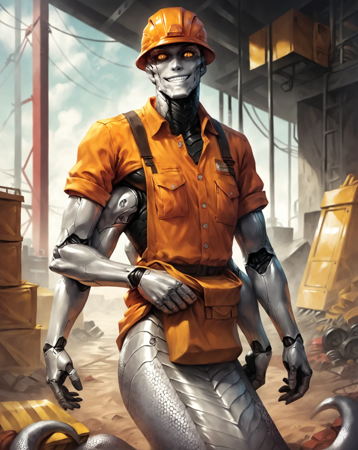 score_9, score_8_up, score_7_up, intricate details, rating_safe, science fiction, 
<lora:CALM_PonyXL_4image_125steps:0.7>, calm style, source_cartoon, source_western,
robot lamia, four arms, looking at the viewer, smiling, metal scales, construction worker, machine, metal skin, hard hat, segmented, male, carbon fiber, hexagon pattern, solo, looking at the viewer, cowboy shot, construction site, depth of field, detailed background, 
<lora:ral-chrosc-clr:0.3>, ral-chrosc-clr,
<lora:xl_more_art-full_v1:0.3>,
<lora:add-detail-xl:0.3>