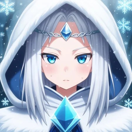 mana_sk style, portrait, focus on face, a fierce frost archer girl with long, sleek silver hair and icy blue eyes, wearing a fur-lined hood and a circlet adorned with frost crystals, her gaze sharp and focused, cold mist surrounding her face as snowflakes gently fall, Japanese RPG style, chilling and majestic atmosphere, intricate details on her hood and frost crystals