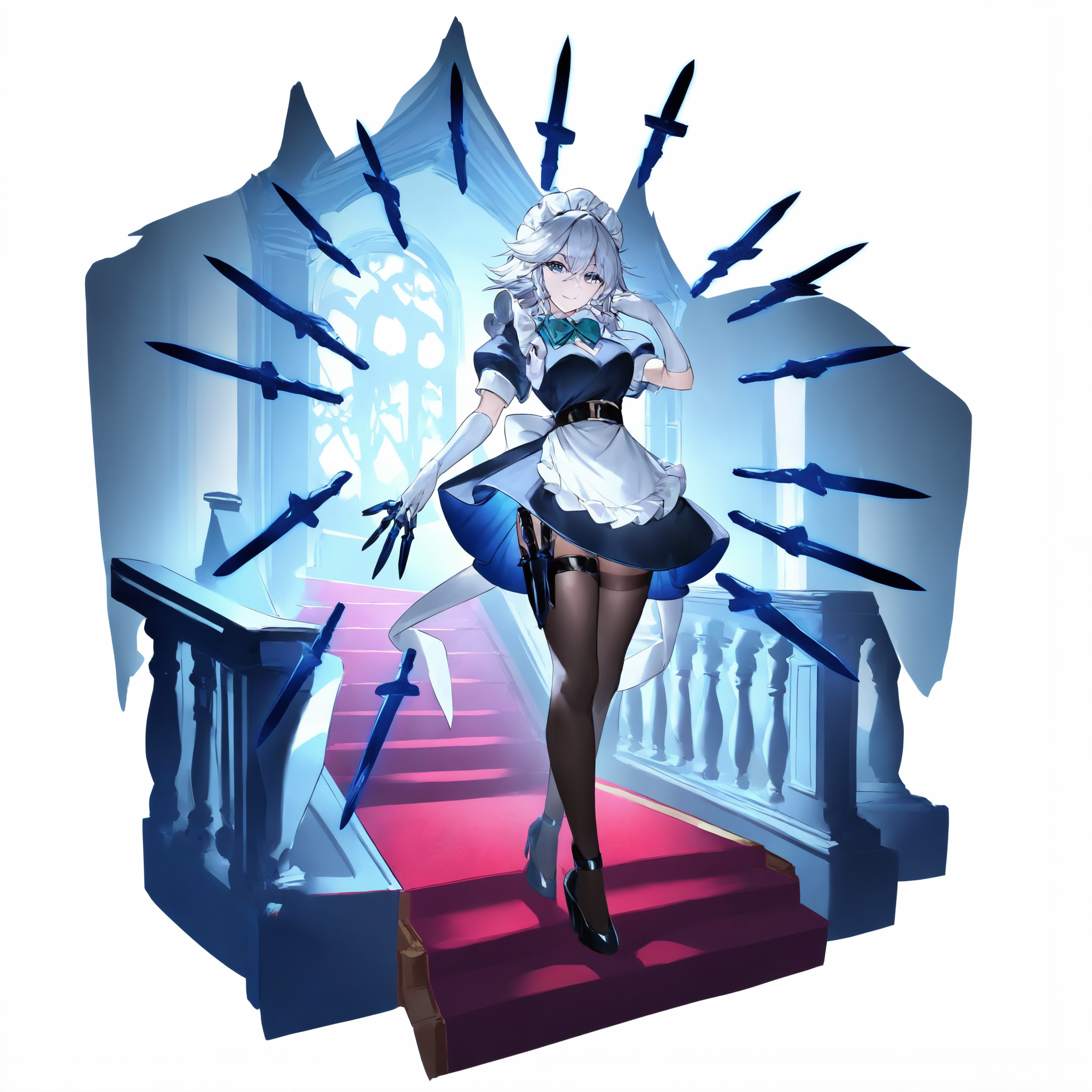 ,izayoi sakuya, 1girl, solo, breasts, looking at viewer, smile, short hair, blue eyes, gloves, dress, thighhighs, holding, bow, ribbon, hair between eyes, closed mouth, medium breasts, standing, full body, grey hair, braid, weapon, short sleeves, hair bow, pantyhose, frills, puffy sleeves, medium hair, belt, black thighhighs, elbow gloves, white gloves, bowtie, black footwear, black dress, apron, high heels, twin braids, puffy short sleeves, maid, maid headdress, frilled sleeves, knife, white apron, waist apron, maid apron, black belt, green bow, floating, frilled apron, tress ribbon, stairs, holding knife, back bow, brown thighhighs, holster, dagger, floating object, side braids, thigh holster, waist bow, multiple weapons, floating weapon, knife sheath,<lora:TestTestTest!\uuzan\Uuzan_Style_NBV1.safetensors:0.95:0.95>,,masterpiece,best quality,newest,absurdres,highres,very awa,detail background <lora:None:0.9500000000000002>
