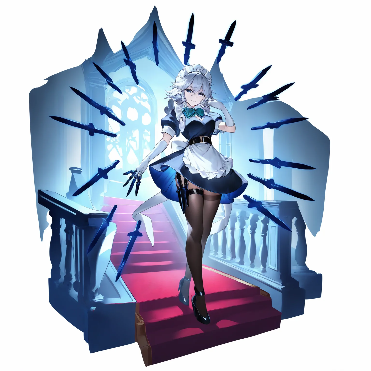 ,izayoi sakuya, 1girl, solo, breasts, looking at viewer, smile, short hair, blue eyes, gloves, dress, thighhighs, holding, bow, ribbon, hair between eyes, closed mouth, medium breasts, standing, full body, grey hair, braid, weapon, short sleeves, hair bow, pantyhose, frills, puffy sleeves, medium hair, belt, black thighhighs, elbow gloves, white gloves, bowtie, black footwear, black dress, apron, high heels, twin braids, puffy short sleeves, maid, maid headdress, frilled sleeves, knife, white apron, waist apron, maid apron, black belt, green bow, floating, frilled apron, tress ribbon, stairs, holding knife, back bow, brown thighhighs, holster, dagger, floating object, side braids, thigh holster, waist bow, multiple weapons, floating weapon, knife sheath,<lora:TestTestTest!\uuzan\Uuzan_Style_NBV1.safetensors:0.95:0.95>,,masterpiece,best quality,newest,absurdres,highres,very awa,detail background <lora:None:0.9500000000000002>