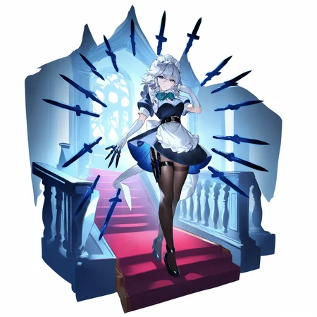 ,izayoi sakuya, 1girl, solo, breasts, looking at viewer, smile, short hair, blue eyes, gloves, dress, thighhighs, holding, bow, ribbon, hair between eyes, closed mouth, medium breasts, standing, full body, grey hair, braid, weapon, short sleeves, hair bow, pantyhose, frills, puffy sleeves, medium hair, belt, black thighhighs, elbow gloves, white gloves, bowtie, black footwear, black dress, apron, high heels, twin braids, puffy short sleeves, maid, maid headdress, frilled sleeves, knife, white apron, waist apron, maid apron, black belt, green bow, floating, frilled apron, tress ribbon, stairs, holding knife, back bow, brown thighhighs, holster, dagger, floating object, side braids, thigh holster, waist bow, multiple weapons, floating weapon, knife sheath,<lora:TestTestTest!\uuzan\Uuzan_Style_NBV1.safetensors:0.95:0.95>,,masterpiece,best quality,newest,absurdres,highres,very awa,detail background <lora:None:0.9500000000000002>