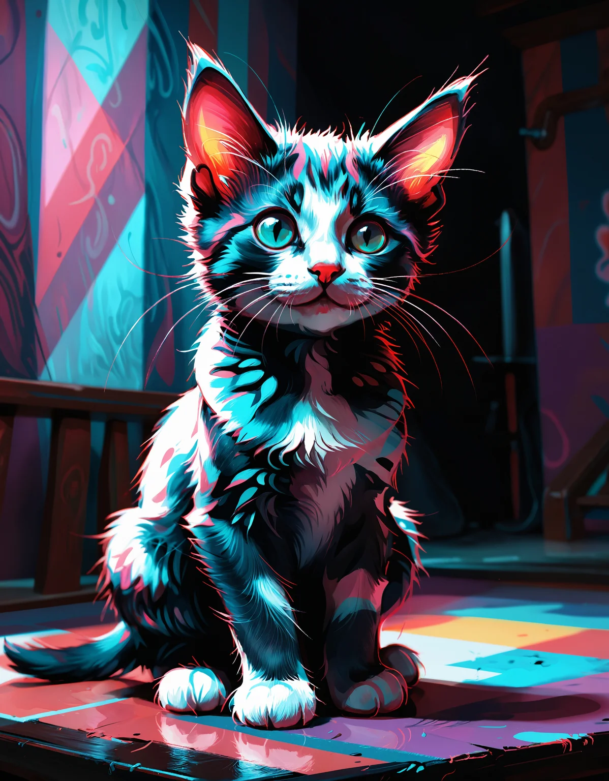 zavy-rghflt, by Tony Sart, painting, baby Manx Cat Sitting at a Medellin, in focus, Darkcore, anaglyph filter, psychedelic, fabulous colors, magic atmosphere, ambient atmosphere, best, confident, advanced cinematic perfect light, sublime, sunny, fantastic aesthetic, grand illumination, beautiful elegant, ambient light
