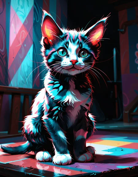 zavy-rghflt, by Tony Sart, painting, baby Manx Cat Sitting at a Medellin, in focus, Darkcore, anaglyph filter, psychedelic, fabulous colors, magic atmosphere, ambient atmosphere, best, confident, advanced cinematic perfect light, sublime, sunny, fantastic aesthetic, grand illumination, beautiful elegant, ambient light
