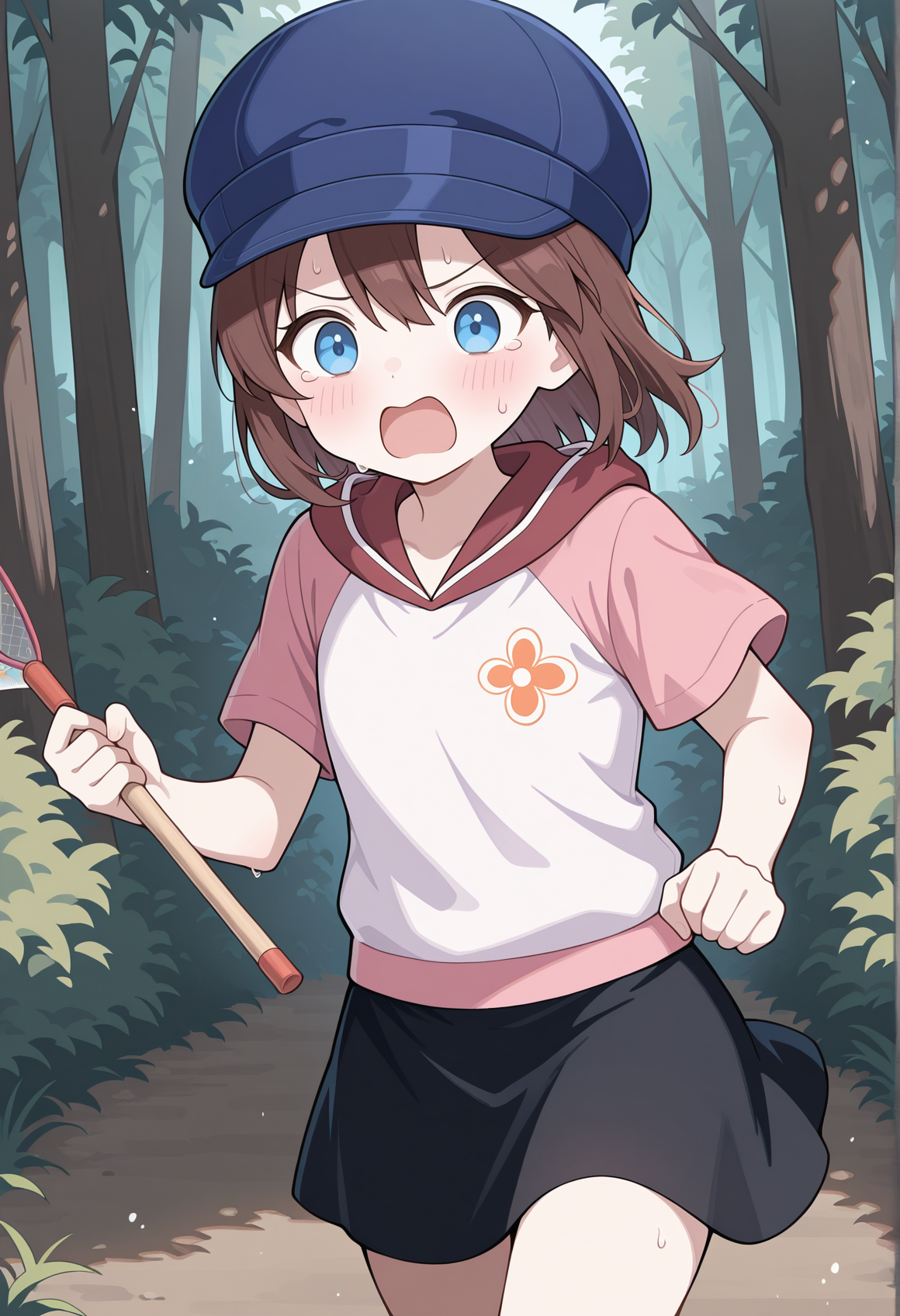 1girl, solo, brown hair, short hair, blue eyes, blue cap, hoodie, short sleeves, black skirt, floral print, outdoors, forest, running, sweat, cowboy shot, holding butterfly net, tired, XD, <lora:helga_saru_getchu:1>, masterpiece, best quality, amazing quality, very aesthetic, absurdres, highres, newest