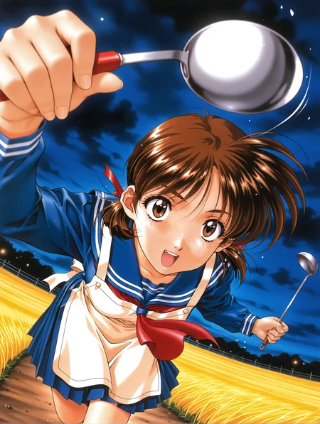 masterpiece,best quality,newest,
1girl,solo,
1990s \(style\),retro artstyle,<lora:adachi_taeko_ilxl_v1.0:1>,a_taeko,brown hair,brown eyes,freckles,hair bow,low twintails,
t_clothes,blue serafuku,long_sleeves,blue pleated skirt,
<lora:Fixhands_anime_bdsqlsz_V1:1>,dynamic_angle,cinematic_angle,glowing eyes,fighting_stance,fighting,night,darkness,(motion_blur:1.3),(motion line:1.2),(speed_lines:1.1),fighting_stance,aura effect,dark cloud,leaning_forward,running,pov,looking_at_viewer,front view,open mouth,laughing,bent over,looking ahead,thundercloud,field,white apron,holding ladle,