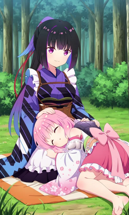 masterpiece, best quality, zzhaizakura, zzKarasuba, yuri, 2girls, multiple girls, soles, looking at another, barefoot, feet, carrying person, :3, multcolored hair, japanese clothes, toes, lap pillow, black hair, long hair, from behind, purple hair, lying, sleeping, sitting, hand on another's head, on side, wa maid, thighs, :o, looking at viewer, pink hair, long very hair, hug from behind, smile, bow, bare shoulders, detached sleeves, japanese clothes, long sleeves, apron, purple eyes, closed eyes, kimono, wide sleeves, kimono, blurry, sash, blurry background, obi, floral print, pink bow, white kimono, sleeveless kimono, upper body, maid, maid apron, wide sleeves, frills, corset, ribbon, white apron, closed mouth, open month, height difference frilled apron, skirt, age difference, long sleeves, outdoors, nature, grass, forest, tree, headpat, legs, blanket, purple kimono, child, female child,