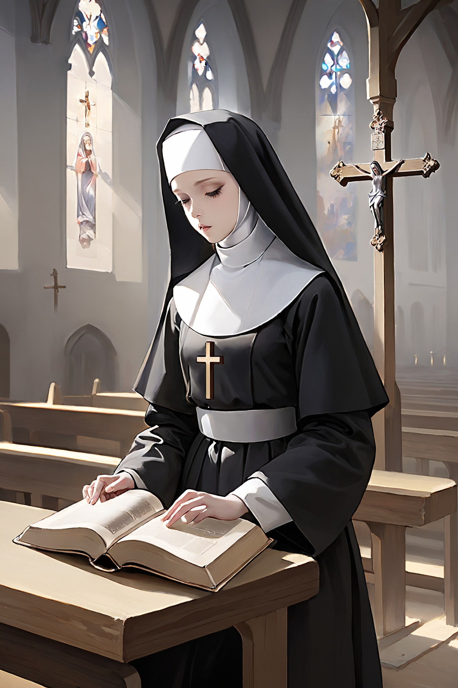 Masterpiece, best quality, 1girl, <lora:kwFemaleBeta122_SDXL_v1:1>,
nun,church,cross,bible