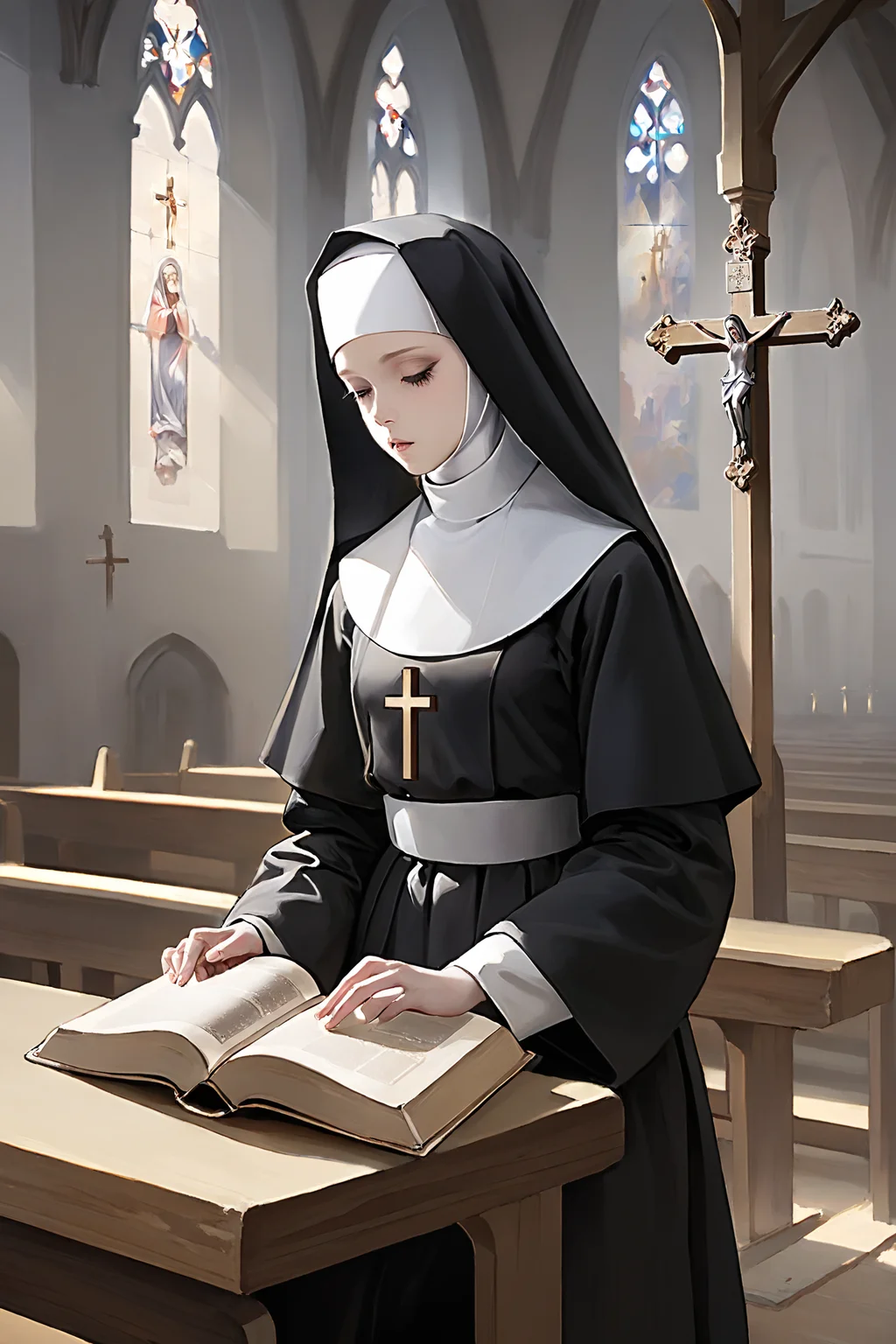 Masterpiece, best quality, 1girl, <lora:kwFemaleBeta122_SDXL_v1:1>,
nun,church,cross,bible