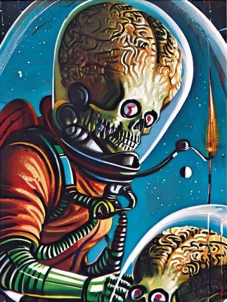 a portrait painting an martian in a clear space suit helmet, highly detailed
<lora:Mars_Attacks_XL_Topps:1>