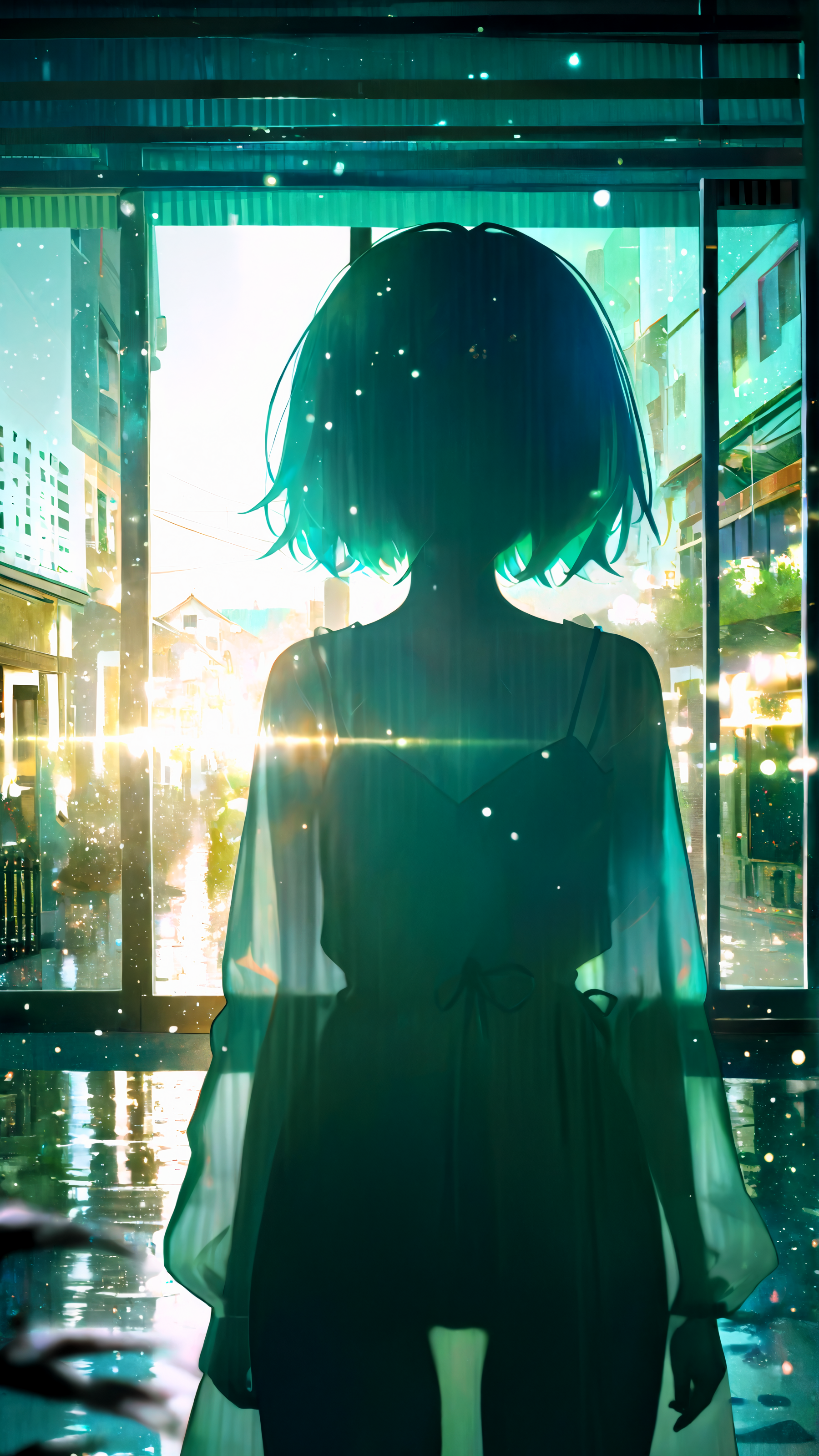 masterpiece, newest,absurdres,incredibly absurdres, best quality, amazing quality, very aesthetic, volumetric lighting, abstract, 
light particles, 1girl, blurry foreground, see-through silhouette, scan artifacts, town, (green hue:0.6), realistic,
<lora:CHOo_illu:1> CHOo1NE_illu,