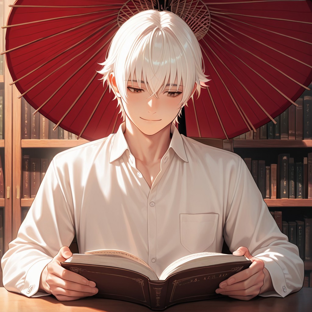 masterpiece, best quality, amazing quality, absurdres, newest, detailed background, definition so sharp, Ultra-HD, 8K cinematic, very awa, impressionate, amazing quality, highres, 
solo, male focus, manly, 
yashiroisana, 1boy, short hair, bangs, shiro_white hair, shiro_brown eyes, oil-paper umbrella, seated, reading a book, calm expression, slight smile, aesthetic, library, soft light, bookshelves, peaceful, joyful, gentle