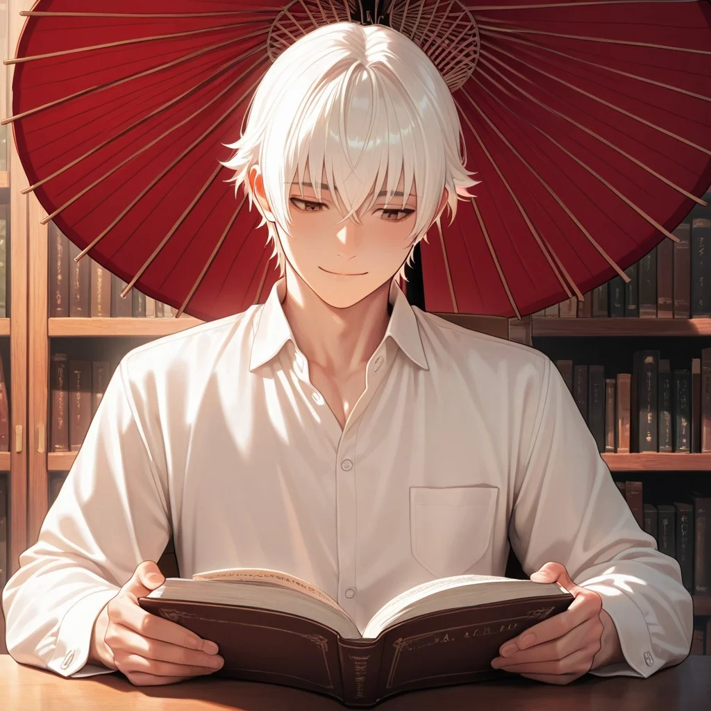 masterpiece, best quality, amazing quality, absurdres, newest, detailed background, definition so sharp, Ultra-HD, 8K cinematic, very awa, impressionate, amazing quality, highres,
solo, male focus, manly,
yashiroisana, 1boy, short hair, bangs, shiro_white hair, shiro_brown eyes, oil-paper umbrella, seated, reading a book, calm expression, slight smile, aesthetic, library, soft light, bookshelves, peaceful, joyful, gentle