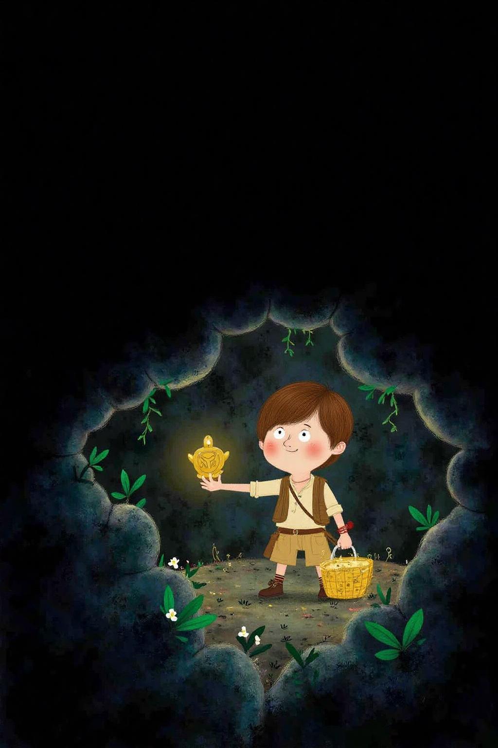 macha1 illustration. 
A boy dressed as Indiana Jones, holding a golden idol inside a dark cave. <lora:macha1_cap_d6a3e12:1.0><lora:827730366765891081:0>