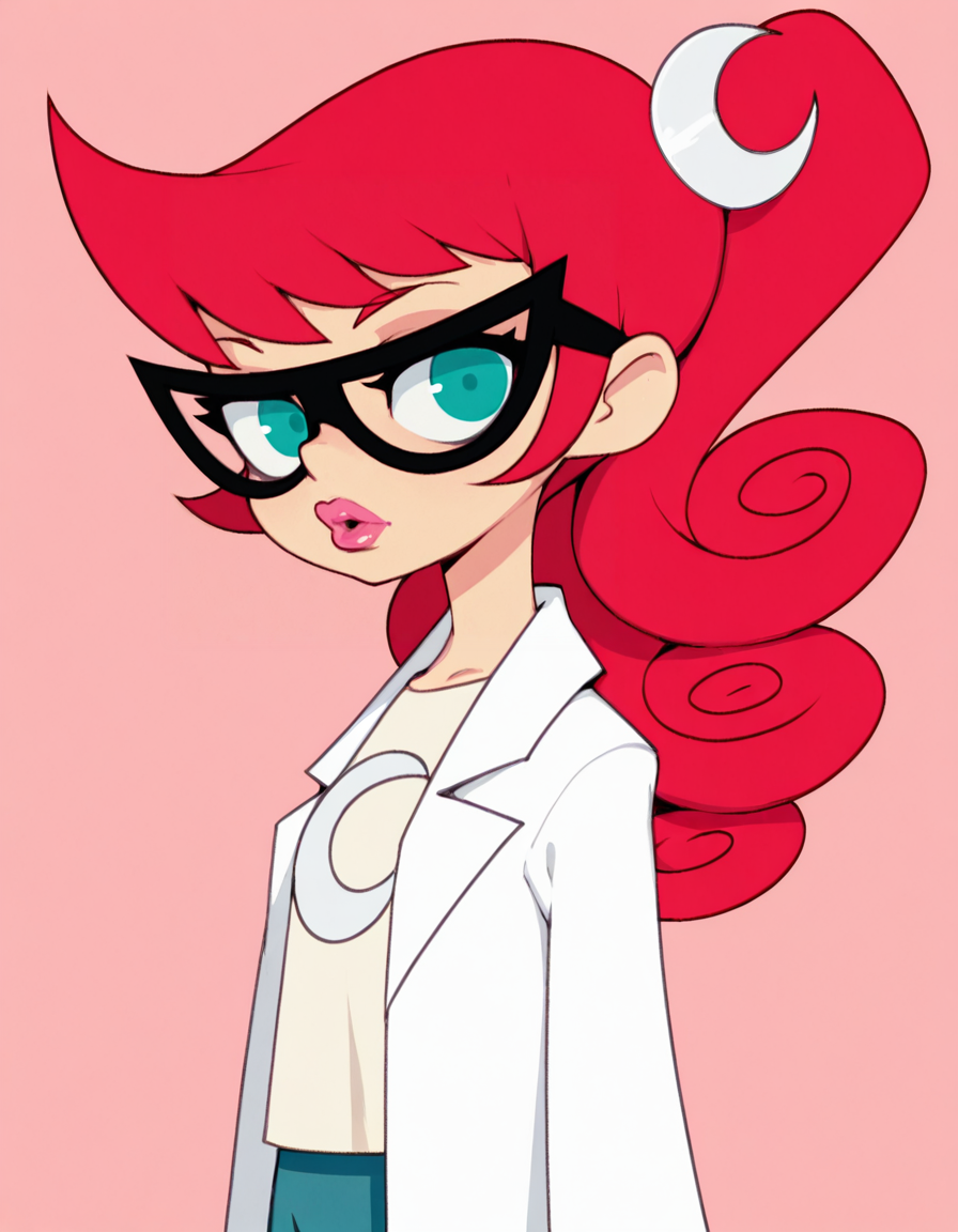 marytest, glasses, 1girl, red hair, ponytail, solo, long hair, hair ornament,crescent,  aqua eyes, labcoat, curly hair, lips, lipstick, t-shirt, looking at viewer, masterpiece, best quality, amazing quality, very aesthetic, absurdres <lora:MaryTestIllustrious1.0JLFO-000017:0.8> simple background,upper body, portrait, doxy,