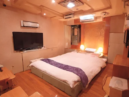 masterpiece, best quality, ultra-detailed, illustration,
lovehotel, LHbedpanel, bed, indoors, scenery, lamp, bedroom, television, pillow, monitor, cabinet, light, window, door, table, wooden floor,
 <lora:Lovehotel_SDXL_V1:1>