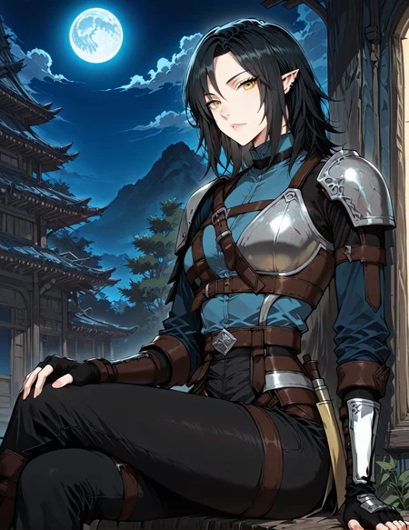 <lora:Helen_Shard__The_Beginning_After_the_End__Illustrious:1>
1 girl, solo, elf, pointy ears, black hair, medium hair, yellow eyes, blue shirt, pants, fingerless gloves, armor, shoulder armor, belt, ear piercing,
blue shirt, pants, fingerless gloves, armor, shoulder armor, belt, ear piercing,
(Anime_source),Masterpiece,(perfect female body:1.2), small waist,(incredibly detailed:1.4), slim, beautiful fingers, parted lips, looking at viewer, sitting , crossed legs, dynamic pose, night, blue moon, <lora:iLLMythG0thicL1nes:1>